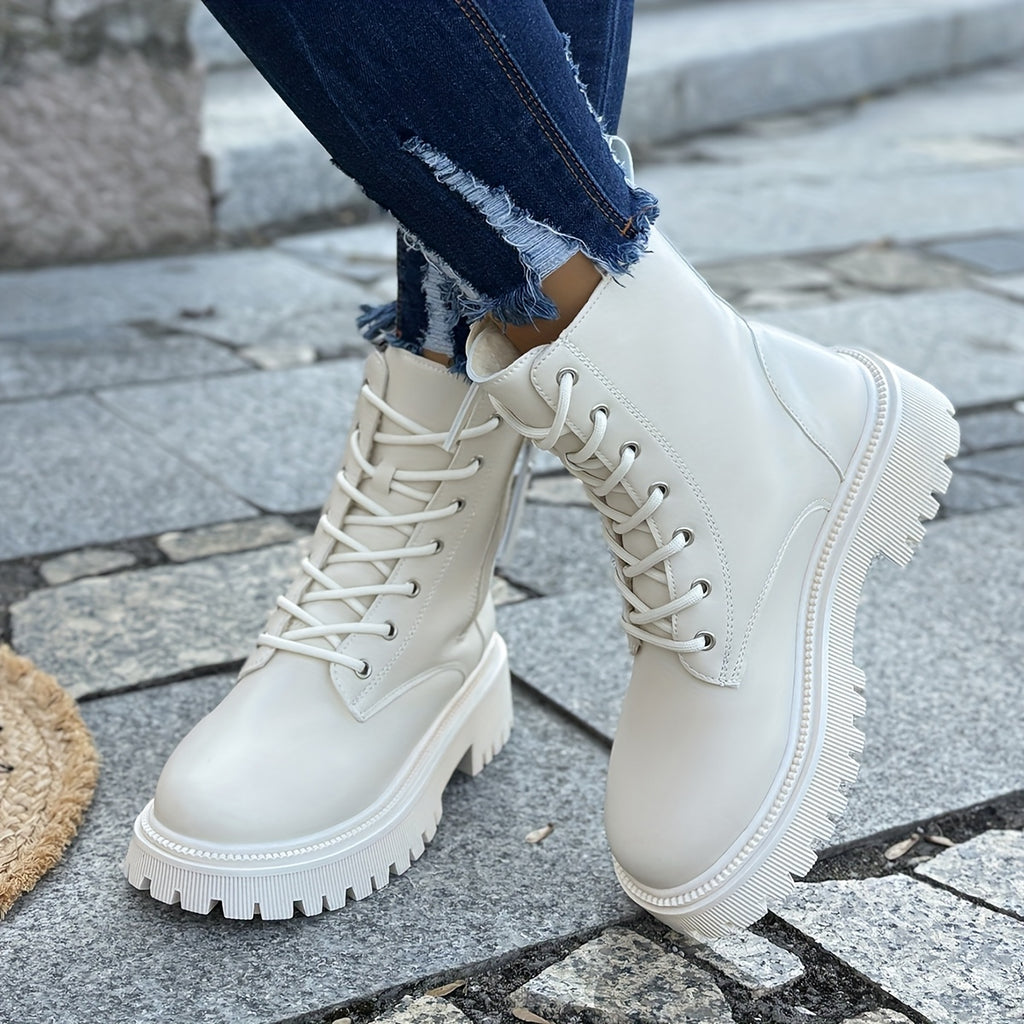 Botas de tornozelo com atacadores de inverno para mulheres com fecho lateral - Fácil de calçar/descalçar, sola de PVC antiderrapante, bico redondo e salto plano - Botas elegantes pretas e brancas para o dia a dia, escritório, eventos formais - Calçado para o frio para mulheres, botas de inverno para senhoras, calçado para o dia a dia, design de botas elegante, sola de PVC durável, vestuário de escritório, calçado elegante, forro confortável, mulheres conscientes da moda
