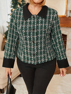 Jaqueta Xadrez Elegante Plus Size - Casaco de Inverno com Gola, Blazer Xadrez Verde/Branco/Preto/Bege, Lavável à Máquina, Roupa de Outono/Inverno para Escritório e Eventos Semi-Formais