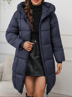 Casaco de Inverno Comprido Elegante com Capuz para Mulher - Casaco Leve com Fecho Completo e Bolsos, Roupa Exterior Quente de Comprimento Médio para Clima Frio, Cor Sólida, Corte Normal, Sem Cinto, Mangas Compridas, Casacos de Inverno