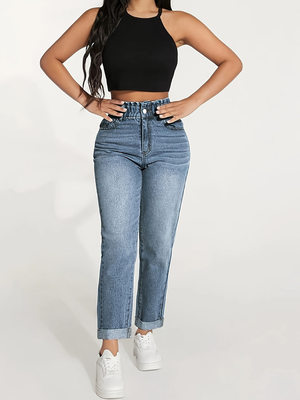 Calças Femininas de Corte Reto com Cintura Elástica e Barra Enrolada - Jeans Casual Lavado para Uso em Todas as Estações, Lavável na Máquina, Calças de Cor Sólida