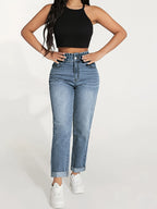 Calças Femininas de Corte Reto com Cintura Elástica e Barra Enrolada - Jeans Casual Lavado para Uso em Todas as Estações, Lavável na Máquina, Calças de Cor Sólida