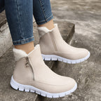 Botas de Inverno Femininas Aconchegantes com Forro de Fleece - Cano Curto, Solado Grosso, Zíper Lateral, Detalhe de Estrela, Bico Redondo Casual, Bege, Para Clima Frio, Botas de Inverno, Solado Grosso, Botas Curtas, Botas para Clima Frio
