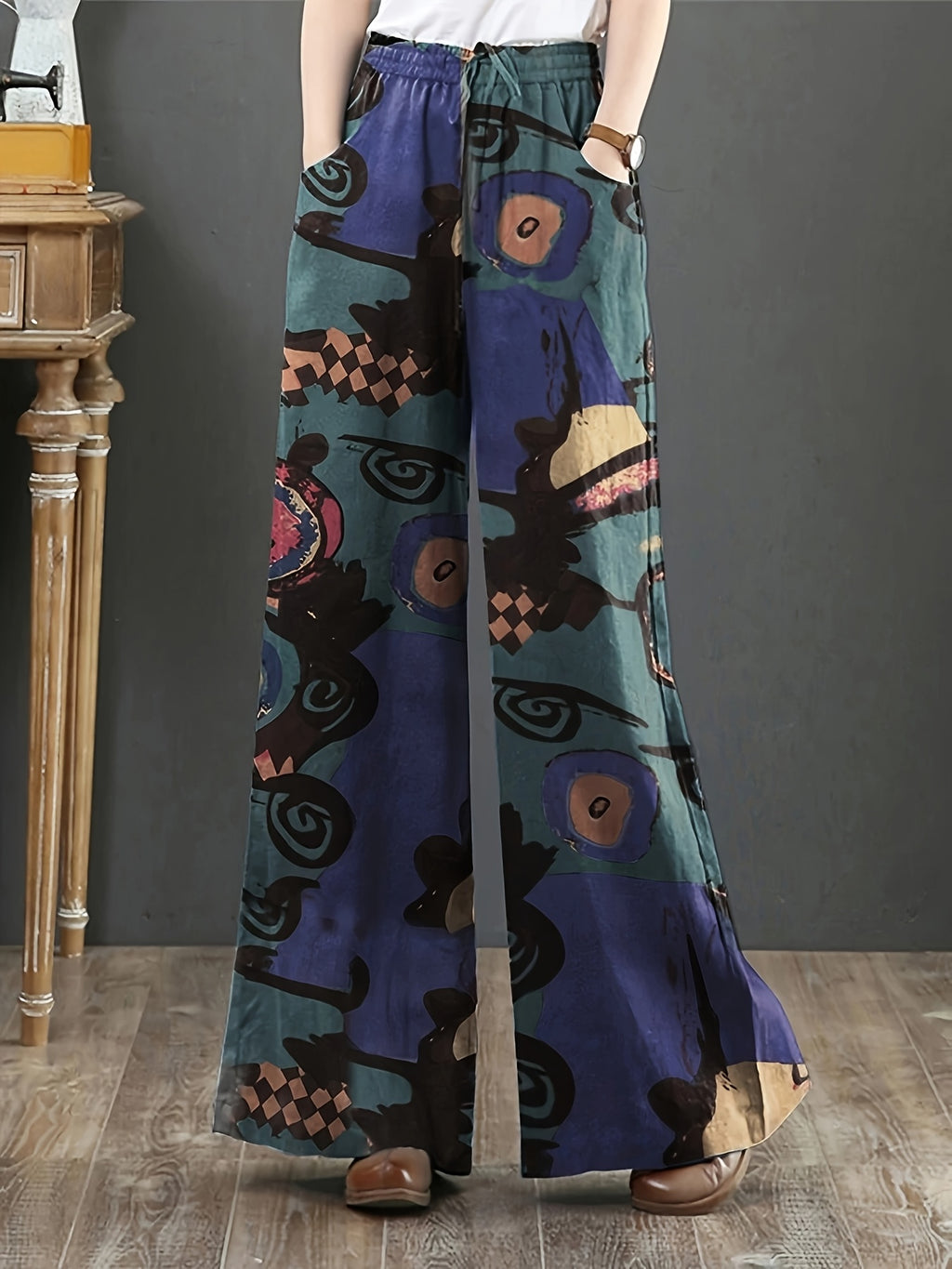 Calças largas elegantes retro para mulheres com estampado floral vibrante - Cintura elástica, bolsos, design de cintura alta para uso casual de primavera/outono, calças de cintura alta, moda sazonal, ajuste confortável