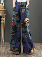 Calças largas elegantes retro para mulheres com estampado floral vibrante - Cintura elástica, bolsos, design de cintura alta para uso casual de primavera/outono, calças de cintura alta, moda sazonal, ajuste confortável