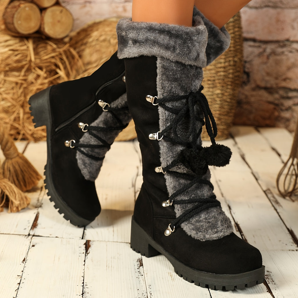 Botas de Inverno Elegantes para Mulheres com Forro de Pele Sintética - Botas de Cano Médio Aconchegantes com Salto Grosso, Detalhes de Pompom e Zíper Lateral | Botas Térmicas Isoladas para Clima Frio, Botas de Inverno