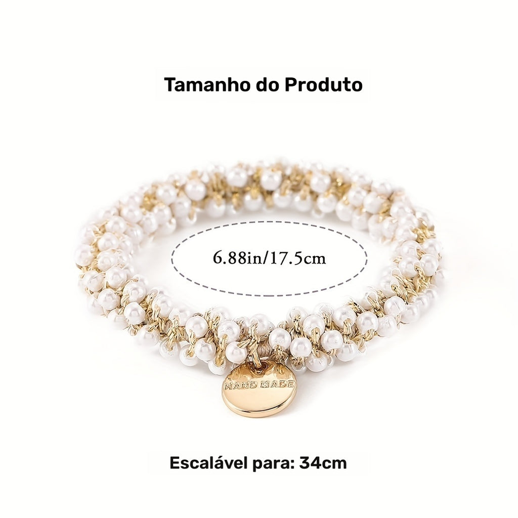 Faixa de Cabelo Elástica Branca com Miçangas para Rabo de Cavalo - Acessórios Femininos (Conjunto de 3)