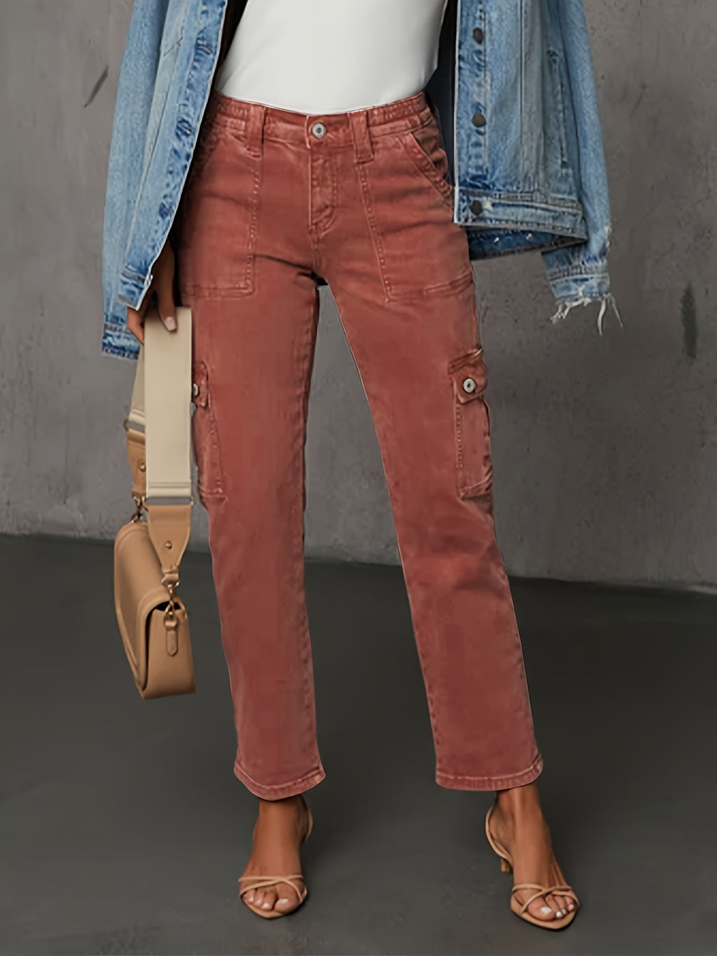 Jeans de Cintura Subida Elásticos para Mulher | Perna Reta, Modernos e Versáteis, Fecho de Botão, Detalhes de Bolsos, Adequados para o Fim de Semana Casual