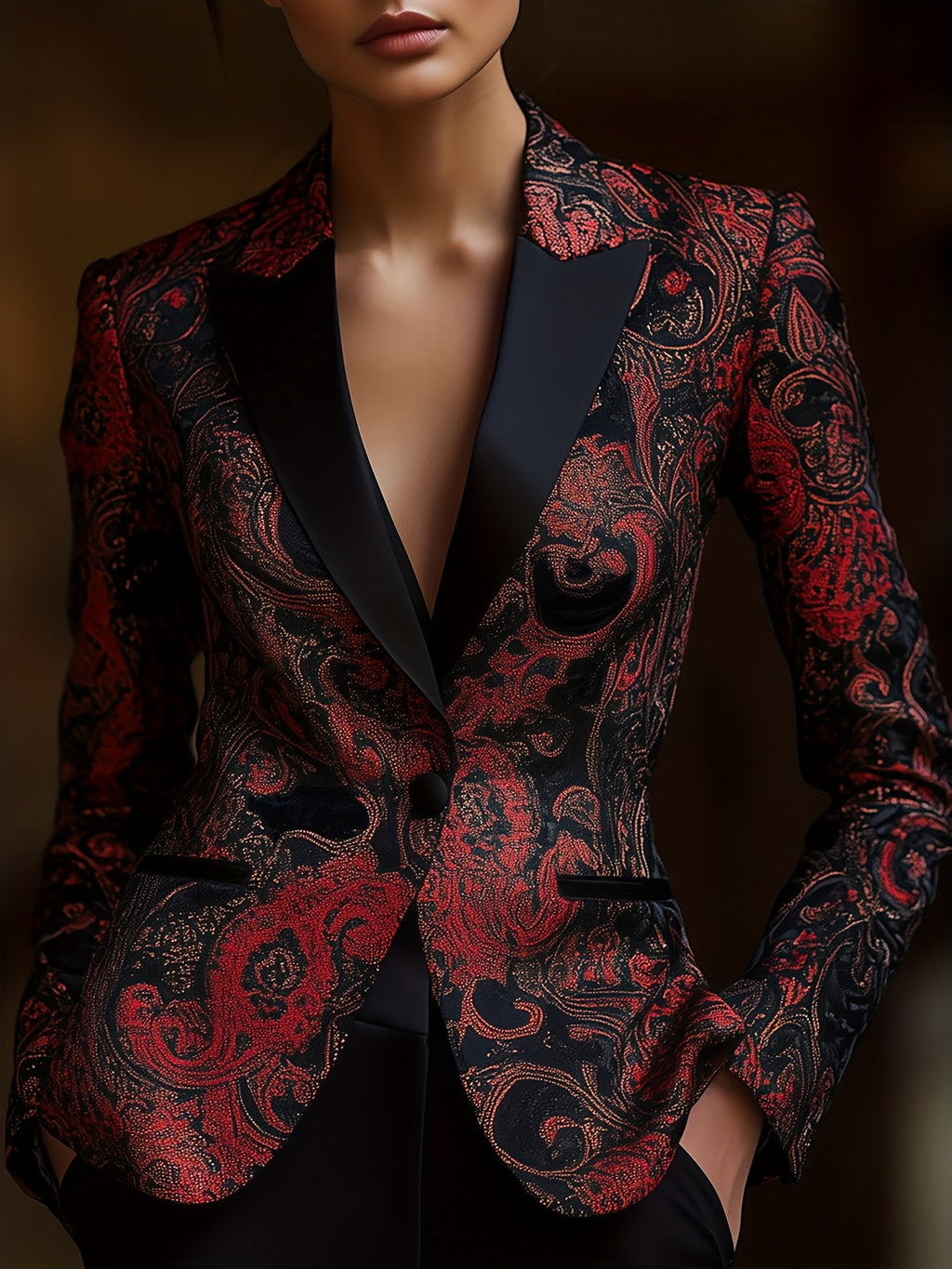 Blazer de Seda com Estampa Paisley Vermelha e Preta Elegante para Mulheres - Manga Comprida, Fechamento Simples com Lapela Entalhada, Jaqueta Versátil para Todas as Estações, Vestuário Formal, Estilo Sophisticado, Tecido de Alta Qualidade