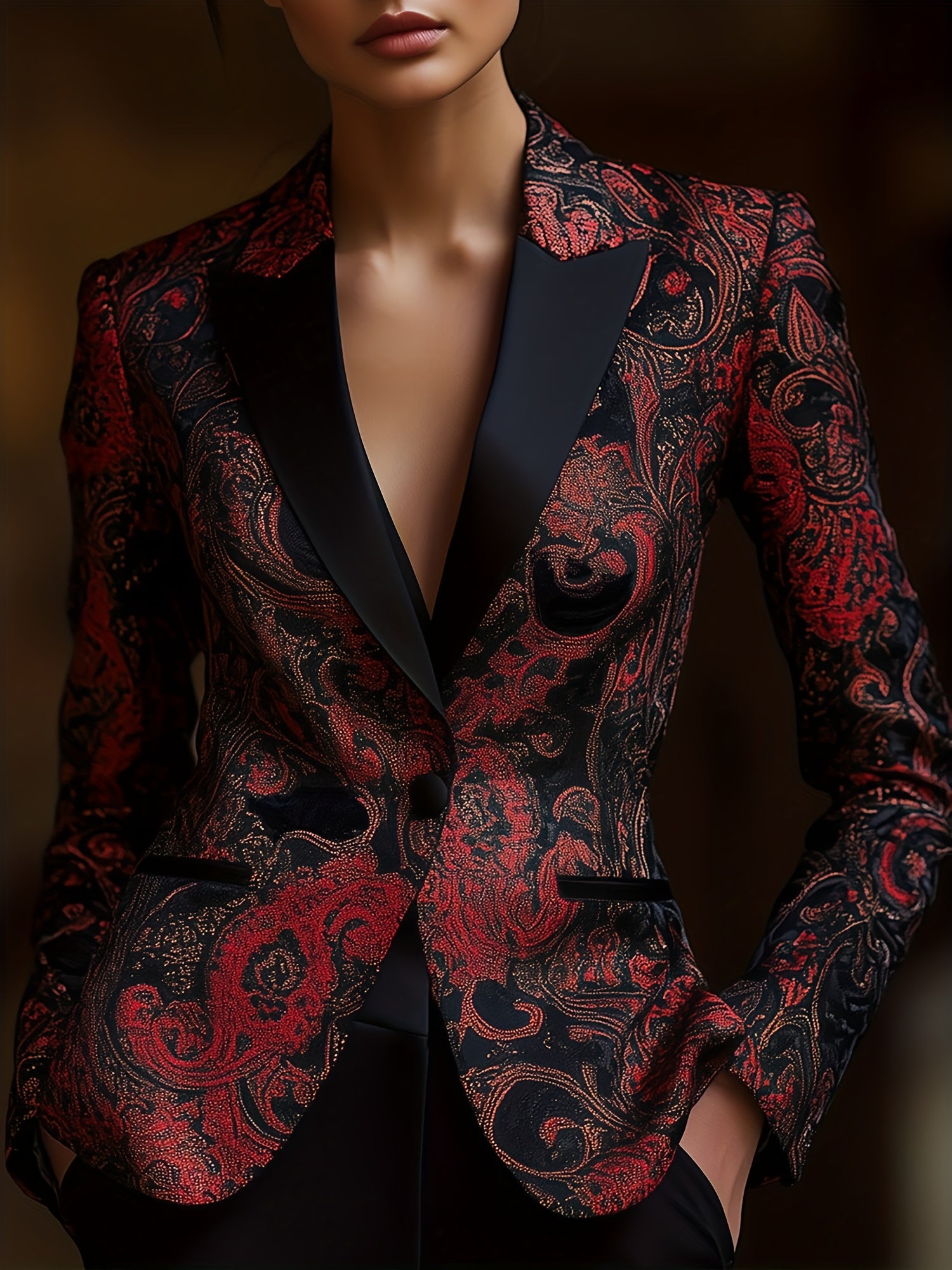 Blazer de Seda com Estampa Paisley Vermelha e Preta Elegante para Mulheres - Manga Comprida, Fechamento Simples com Lapela Entalhada, Jaqueta Versátil para Todas as Estações, Vestuário Formal, Estilo Sophisticado, Tecido de Alta Qualidade
