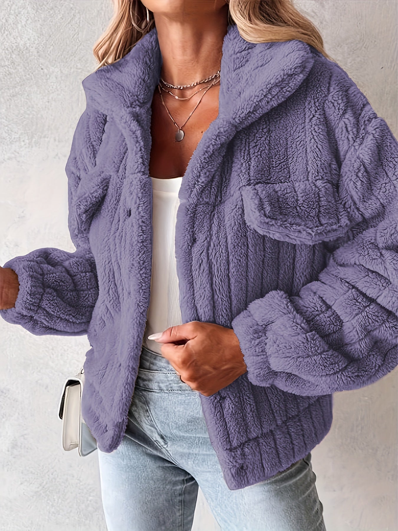 Casaco de Inverno Feminino com Gola de Pelúcia Realista - Casaco Teddy Bege, Lavável à Máquina, Manga Longa Macia para Outono/Inverno, Uso Casual ou Elegante (Sem Design) - Casaco Faux Teddy Aconchegante