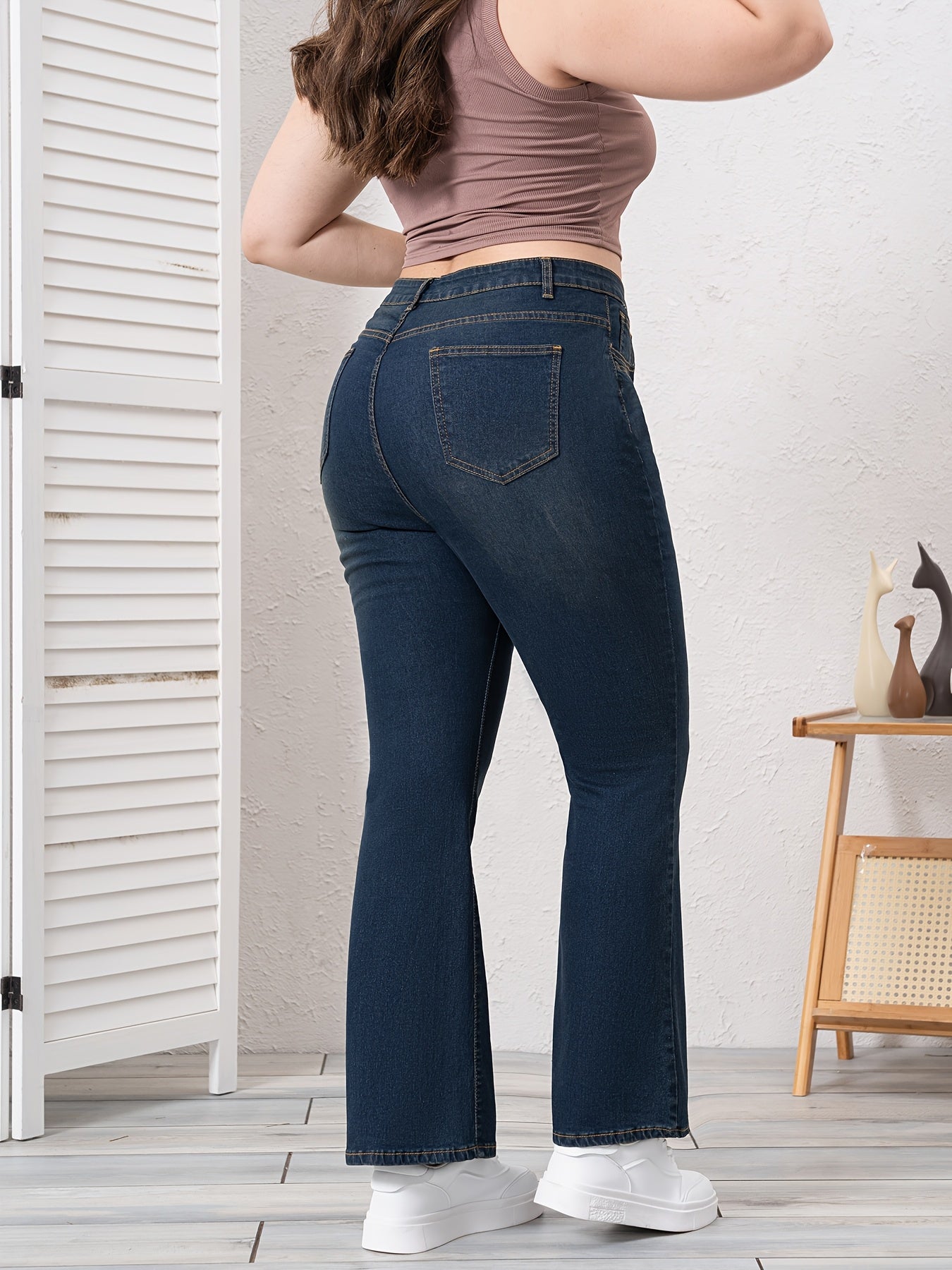 25AW Calças Flare Elegantes de Cintura Alta e Ajuste Slim, Elásticas, Denim Lavado Azul, Para Todas as Estações, Moda Versátil | Calças Flare | Ajuste Slim Confortável, Zíper, Calças Longas Casuais para Primavera/Outono, Roupas de Primavera/Outono | Denim Lavado Vintage | Jeans Plus Size