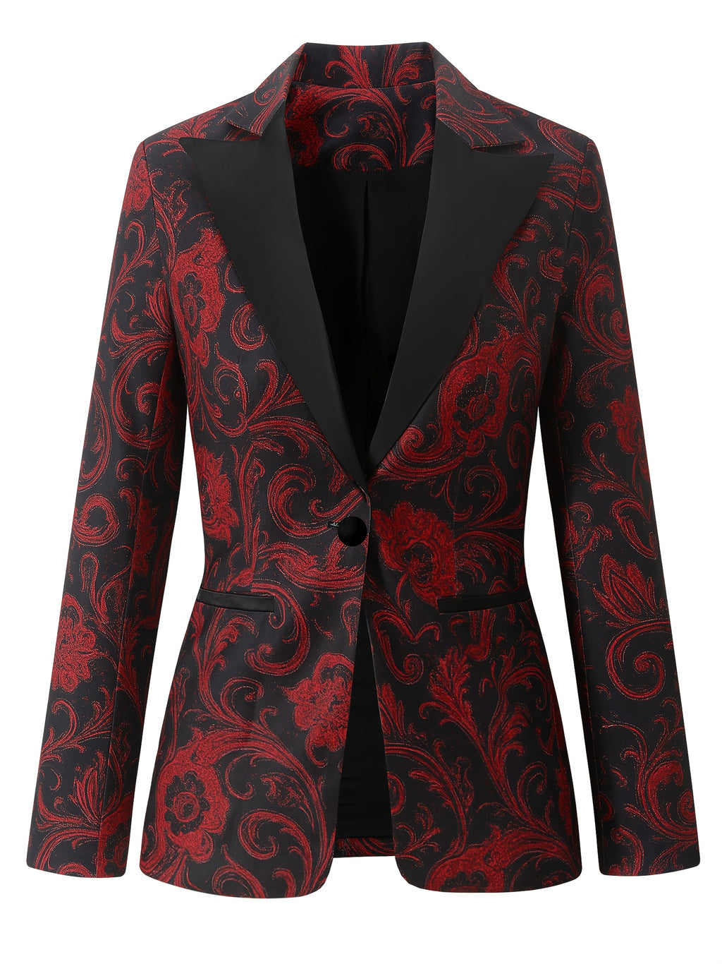 Blazer de Seda com Estampa Paisley Vermelha e Preta Elegante para Mulheres - Manga Comprida, Fechamento Simples com Lapela Entalhada, Jaqueta Versátil para Todas as Estações, Vestuário Formal, Estilo Sophisticado, Tecido de Alta Qualidade