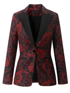 Blazer de Seda com Estampa Paisley Vermelha e Preta Elegante para Mulheres - Manga Comprida, Fechamento Simples com Lapela Entalhada, Jaqueta Versátil para Todas as Estações, Vestuário Formal, Estilo Sophisticado, Tecido de Alta Qualidade