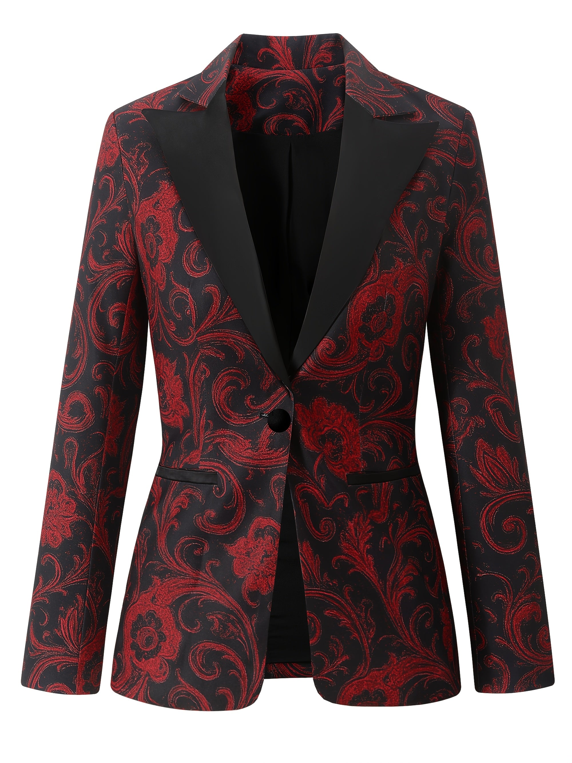 Blazer de Seda com Estampa Paisley Vermelha e Preta Elegante para Mulheres - Manga Comprida, Fechamento Simples com Lapela Entalhada, Jaqueta Versátil para Todas as Estações, Vestuário Formal, Estilo Sophisticado, Tecido de Alta Qualidade