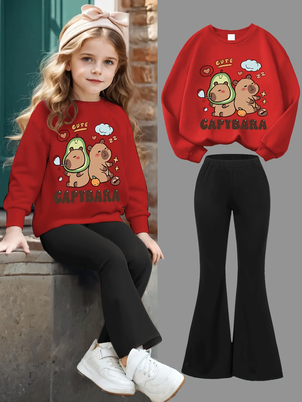 Conjunto de Moletom com Estampa de Golfinho Feng Shui e Calça Flare Ajustada para Meninas, Moda Fofa, Casual para Primavera, Outono e Inverno, Ideal para Uso ao Ar Livre