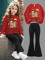 Conjunto de Moletom com Estampa de Golfinho Feng Shui e Calça Flare Ajustada para Meninas, Moda Fofa, Casual para Primavera, Outono e Inverno, Ideal para Uso ao Ar Livre