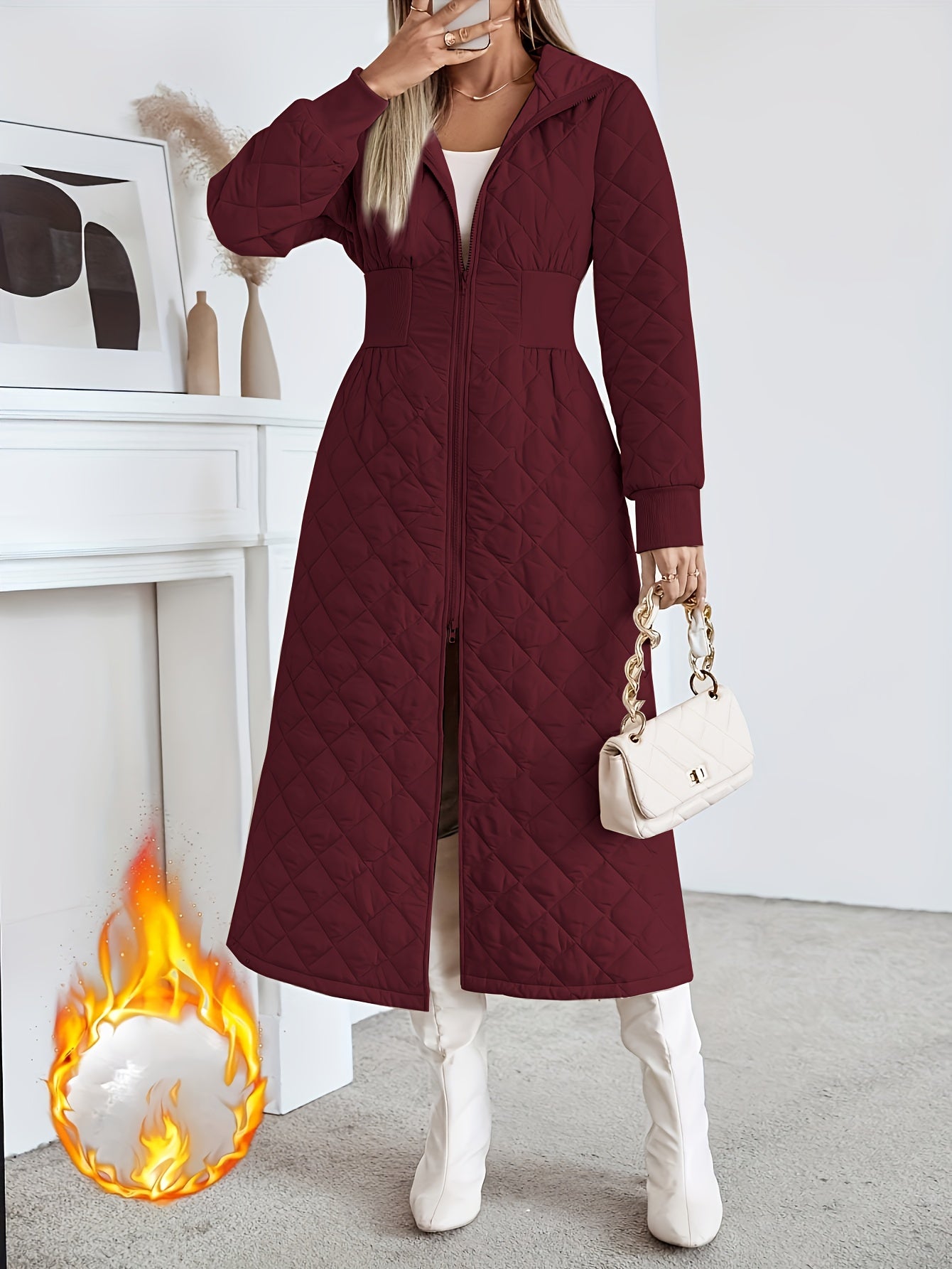 Casaco Longo de Quilting Elegante para Mulheres - Cor Sólida Manga Longa Inverno Quente com Bolsos, Design com Capuz, Comprimento Regular, Sem Cinto, Perfeito para Vestidos Casuais ou Elegantes, Casaco de Inverno, Casaco de Inverno para Mulheres