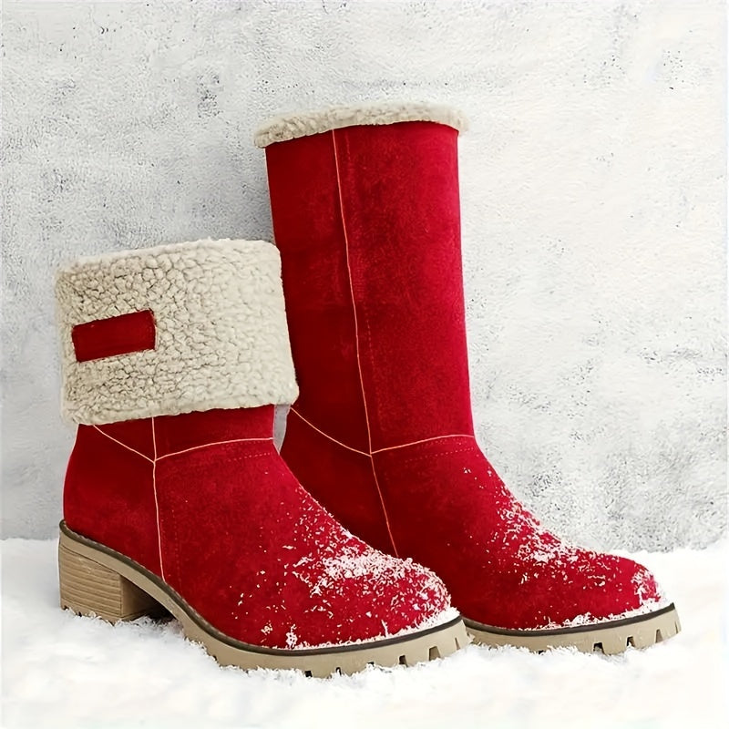 Botas de inverno para mulheres com salto grosso - Botas de cano médio com biqueira redonda e forro de lã, forro de tecido quente e sola de borracha para deslocações ao ar livre, uso casual - Tamanho grande disponível, Botas de inverno, Calçado para clima frio, Forro de interior felpudo, Calçado de tração durável, Calçado para uso diário, Forro aconchegante, Usuários de clima quente