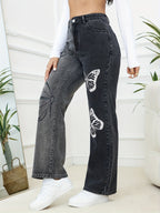 Guns Elegantes de Cintura Alta com Estampa de Borboletas para Mulheres - Denim Estiloso com Tecido Não Elástico, Lavável à Máquina, Preto com Borboletas Brancas