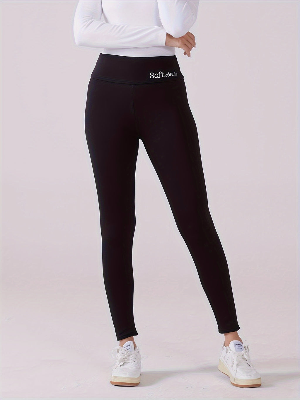 Conjunto de 2 leggings de cintura alta para mulher de tamanho grande, calças térmicas forradas com lã bordada, meias elásticas quentes de inverno, 88% poliéster 12% elastano, tecido de malha, cor sólida para todas as estações