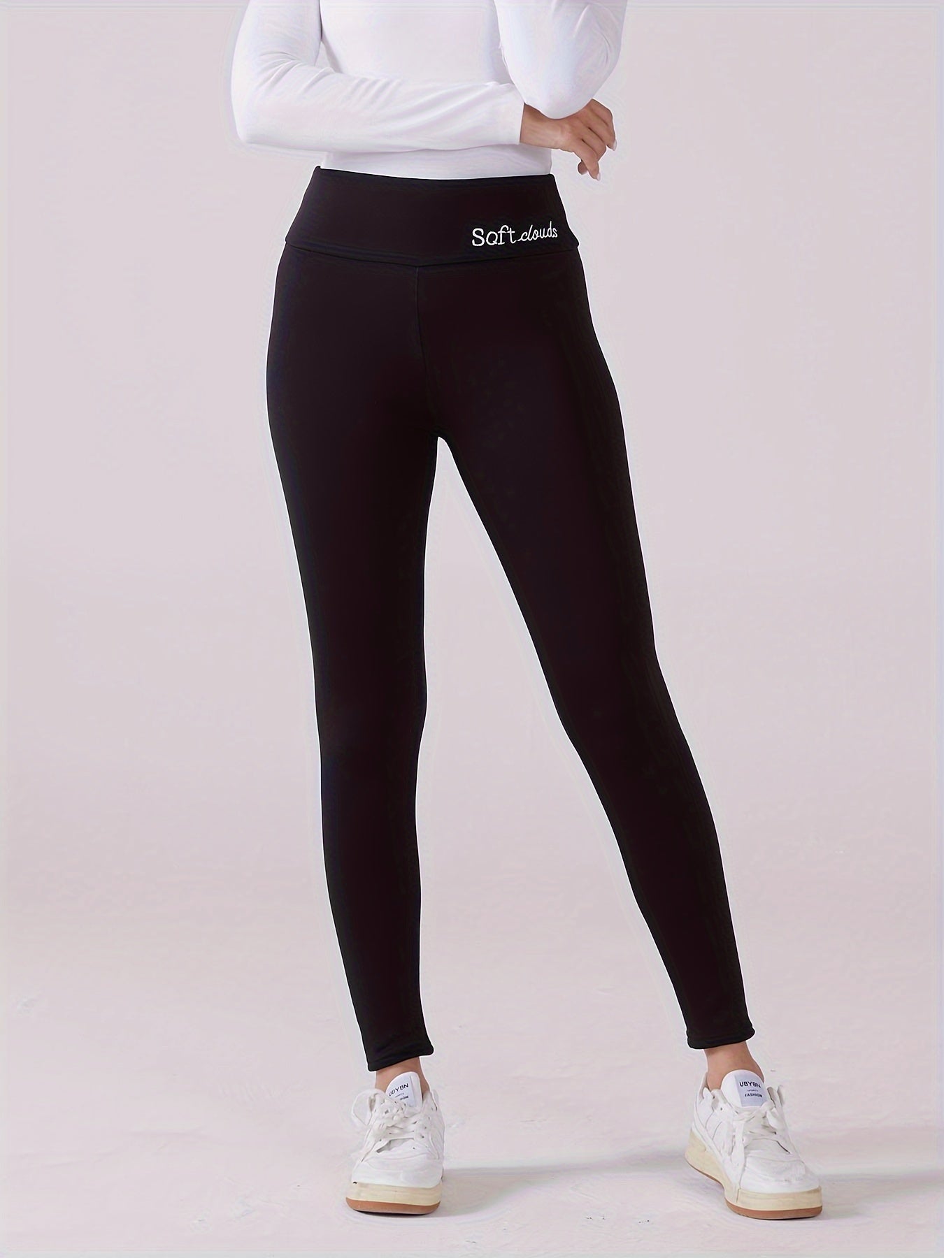 Conjunto de 2 leggings de cintura alta para mulher de tamanho grande, calças térmicas forradas com lã bordada, meias elásticas quentes de inverno, 88% poliéster 12% elastano, tecido de malha, cor sólida para todas as estações