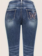 Jeans de Ganga Retos Bordados e Elásticos para Mulher | Estilo Casual, Padrão Geométrico, Para Usar em Todas as Estações