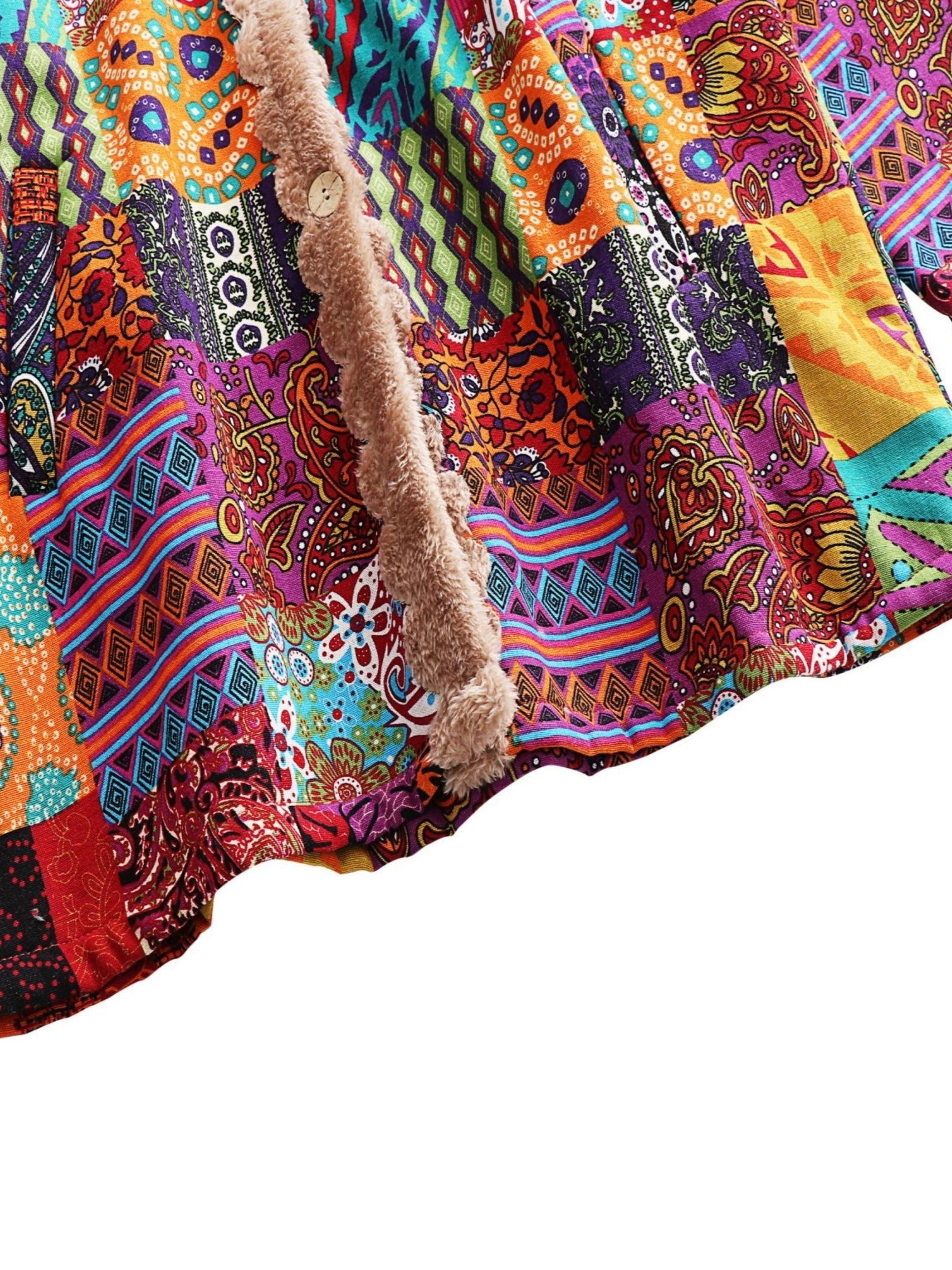 Casaco com Capuz Forrado de Fleece com Estampa Paisley & Floral Colorida - Quente, com Botões, Manga Longa, Roupa de Fora para Mulheres, Lavável à Máquina