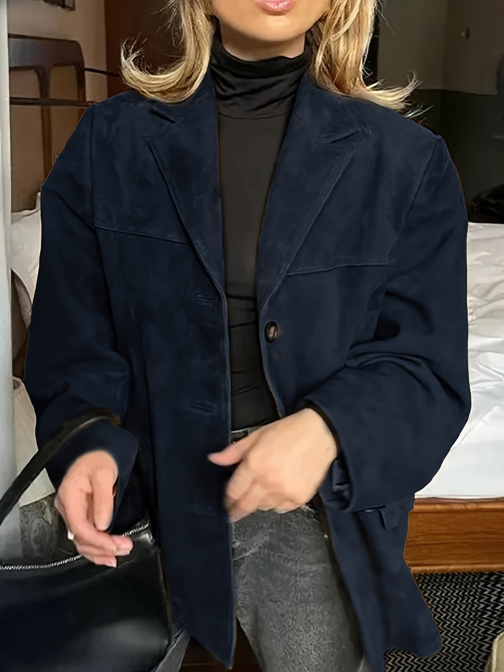 Conjunto Novo Retrô Solto com Lapela e Bolso em Cor Sólida para Mulheres Outono-Inverno