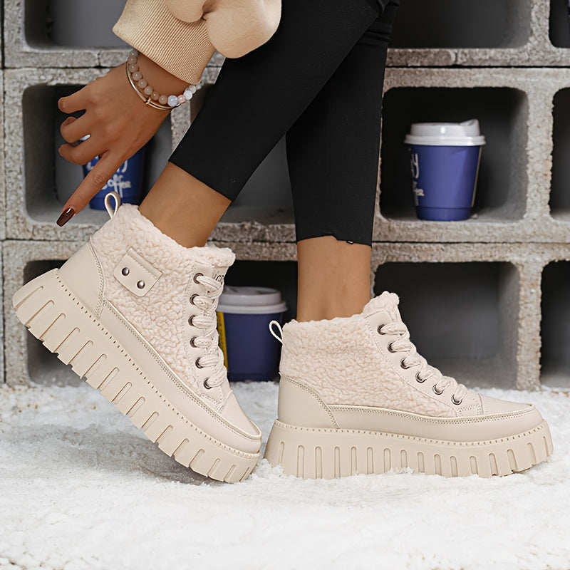 Botas Femininas de Inverno 2025, Cano Alto e Grosso com Forro de Fleece, Sapatos Esportivos Versáteis com Sola Grossa para Clima Frio