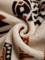 Casaco de Fleece com Capuz e Estampa Geométrica Asteca para Mulheres - Jaqueta Casual de Comprimento Médio com Bolsos Frontais, Lavável à Máquina & Fechamento de Botão Único para Passeios de Outono/Inverno, Moda de Outono, Design Étnico, Calor Duradouro