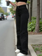 Calças Pretas Elásticas de Perna Reta Que Levantam o Rosto e Afinam a Figura, Jeans de Ganga com Cintura Ajustada.