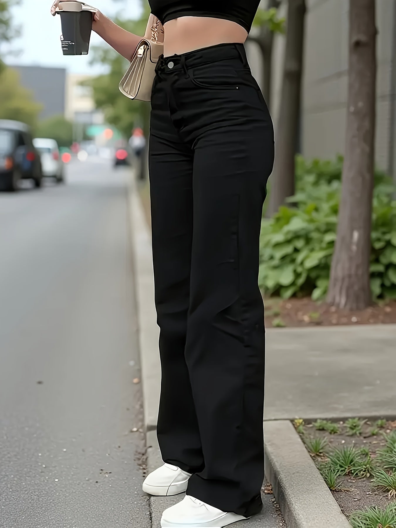 Calças Pretas Elásticas de Perna Reta Que Levantam o Rosto e Afinam a Figura, Jeans de Ganga com Cintura Ajustada.