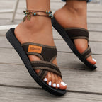 Sandálias Slide de Malha Respirável para Mulheres - Sapatos Baixos Confortáveis de Dedo Aberto com Tiras Cruzadas, Calçado de Verão Leve em Preto/Marrom ou Vermelho/Preto, Uso Casual Interno & Externo, Sandálias de Tiras