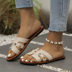 Sandálias Chinelas Femininas Chiques - Abertas Casualmente, Falso Cobertura com Tiras de Fivela Douradas, Sola de Borracha Confortável - Calçado Versátil para Todas as Estações