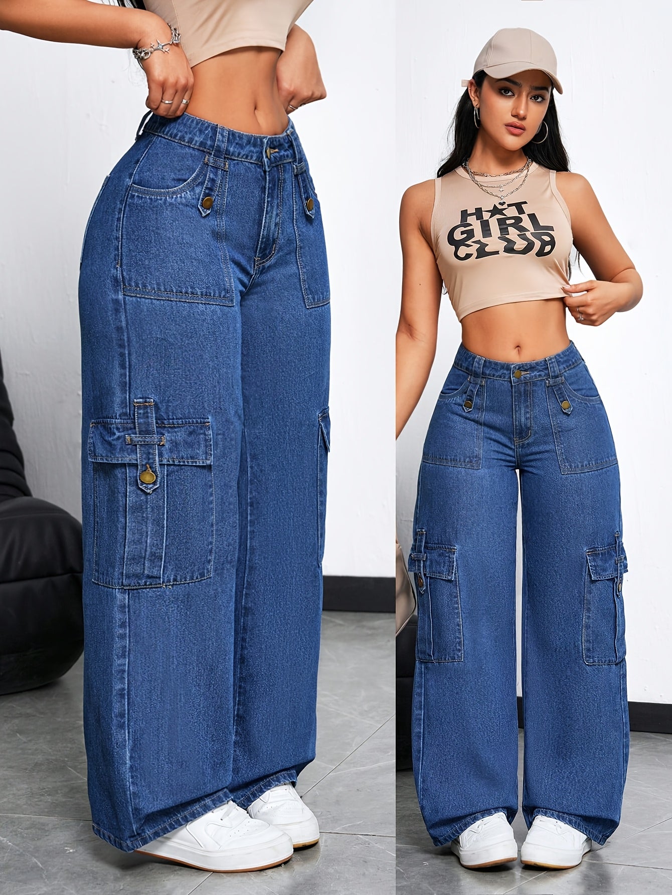 Jeans folgados de senhora ligeiramente elásticos com vários bolsos e elementos decorativos únicos, cor original, acabamento lavado, estilo de perna larga reta, streetwear moderno.