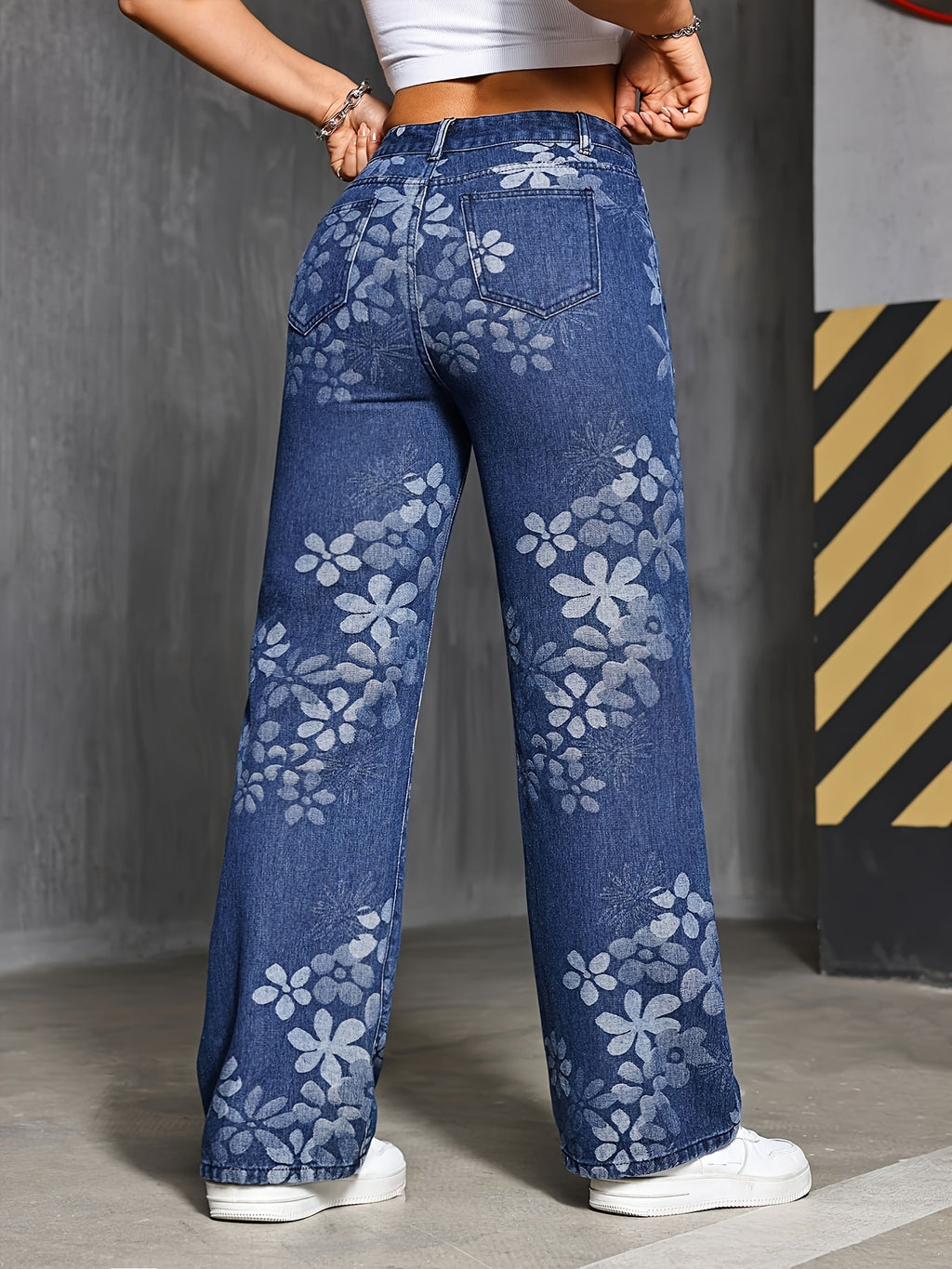 Calças de ganga de perna reta para mulheres com detalhe de listras contrastantes - Ajuste solto, cintura média, tecido não elástico, estilo casual de rua para todas as estações, jeans de todas as estações | Jeans de cintura média | Jeans não elásticos