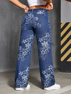 Calças de ganga de perna reta para mulheres com detalhe de listras contrastantes - Ajuste solto, cintura média, tecido não elástico, estilo casual de rua para todas as estações, jeans de todas as estações | Jeans de cintura média | Jeans não elásticos