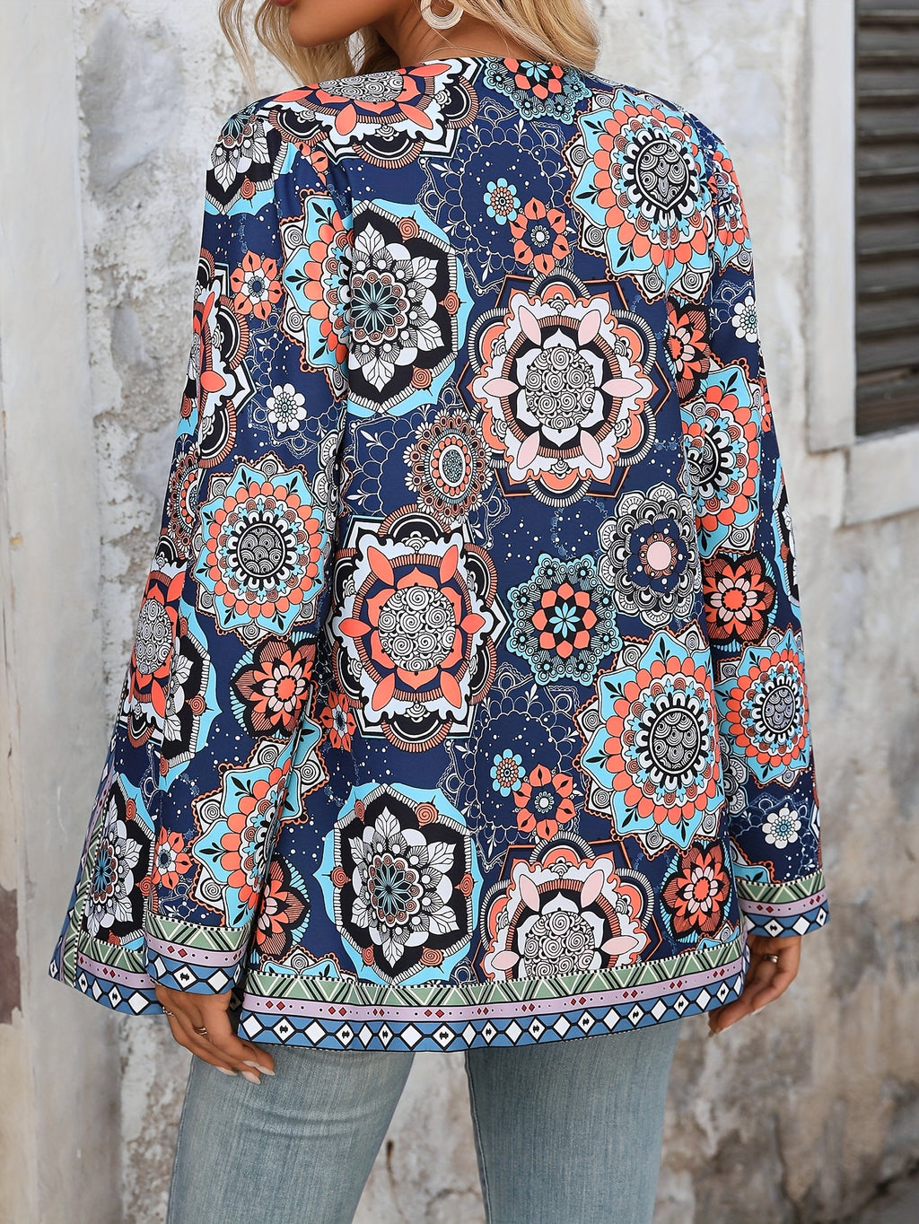 Jaqueta Feminina Elegante Casual com Estampa Floral - Blazer de Outono/Inverno Lavável à Máquina com Gola Redonda e Bolsos, Design Floral Azul Vibrante & Laranja para Looks Casuais e Semi-Formais, Roupa Fácil de Cuidar