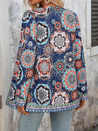 Jaqueta Feminina Elegante Casual com Estampa Floral - Blazer de Outono/Inverno Lavável à Máquina com Gola Redonda e Bolsos, Design Floral Azul Vibrante & Laranja para Looks Casuais e Semi-Formais, Roupa Fácil de Cuidar