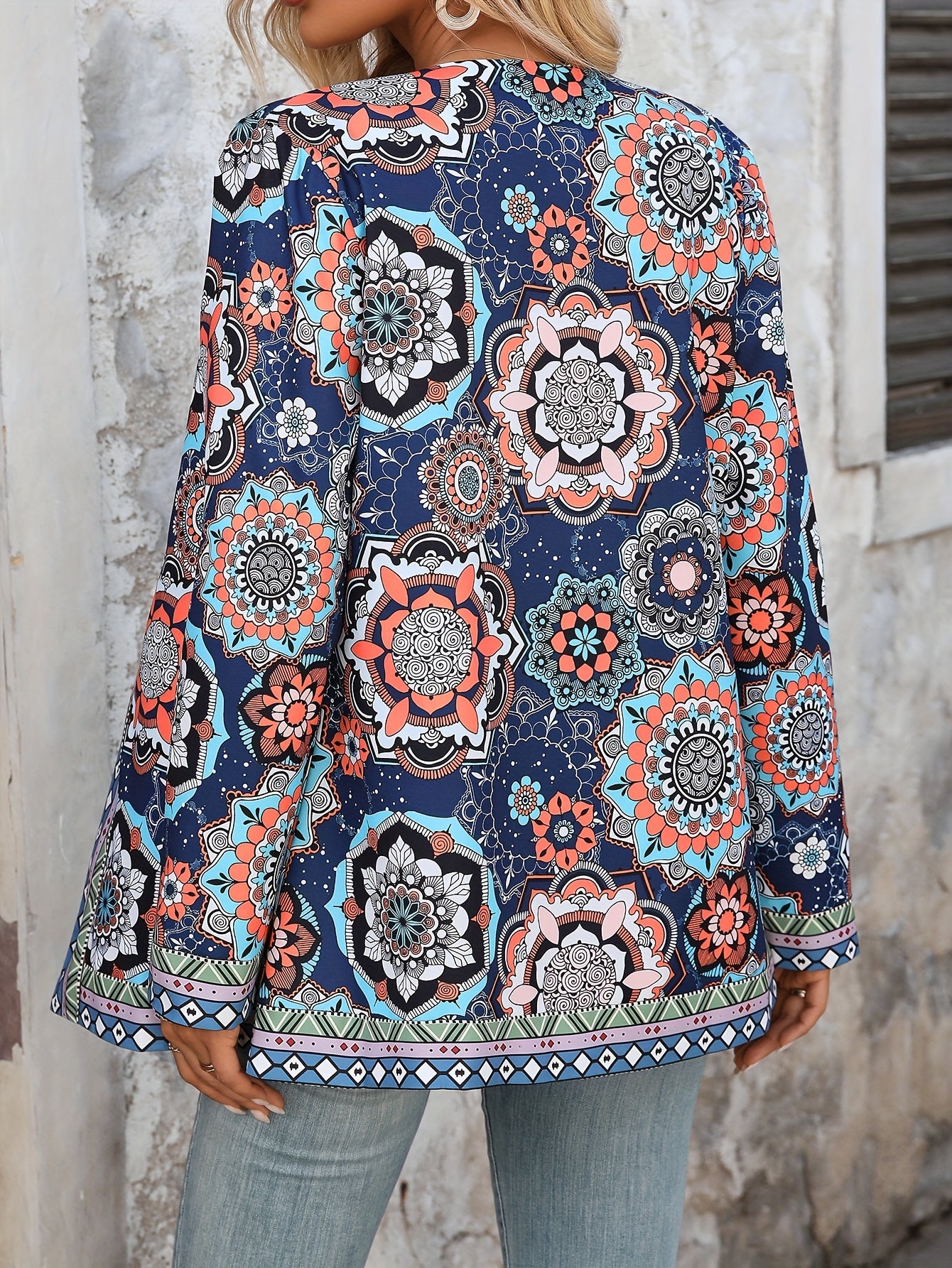 Jaqueta Feminina Elegante Casual com Estampa Floral - Blazer de Outono/Inverno Lavável à Máquina com Gola Redonda e Bolsos, Design Floral Azul Vibrante & Laranja para Looks Casuais e Semi-Formais, Roupa Fácil de Cuidar