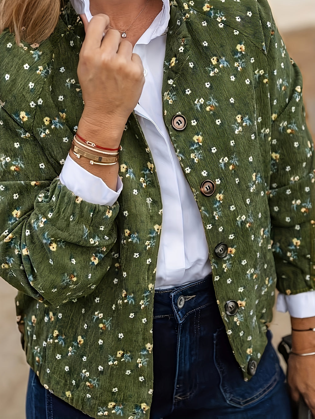 Tamanho Grande - Casaco Elegante com Estampado Floral para Mulheres Plus Size | Manga Comprida, Bolsos Duplos, Sem Gola, Carcela com Fecho de Zíper, Tecido Sem Elasticidade, Adequado para Outono/Inverno