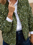 Tamanho Grande - Casaco Elegante com Estampado Floral para Mulheres Plus Size | Manga Comprida, Bolsos Duplos, Sem Gola, Carcela com Fecho de Zíper, Tecido Sem Elasticidade, Adequado para Outono/Inverno