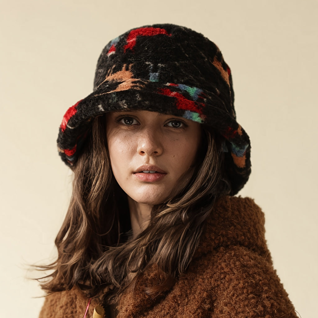 1pc Chapéu de Pescador Feminino - Chapéu Balde Leve e Quente para o Inverno com Estampa Aleatória, Pele Sintética Macia, Ajustável 55.88-60.96 cm para Natal & Uso Diário, Design Facial, Chapéus de Inverno, Acessório Festivo, Padrão Tiedye