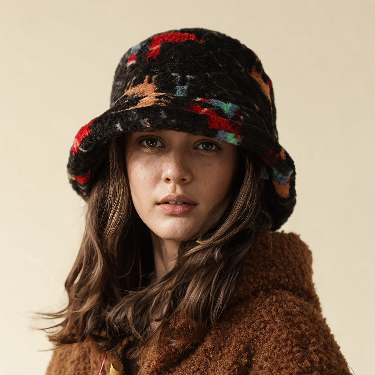 1pc Chapéu de Pescador Feminino - Chapéu Balde Leve e Quente para o Inverno com Estampa Aleatória, Pele Sintética Macia, Ajustável 55.88-60.96 cm para Natal & Uso Diário, Design Facial, Chapéus de Inverno, Acessório Festivo, Padrão Tiedye