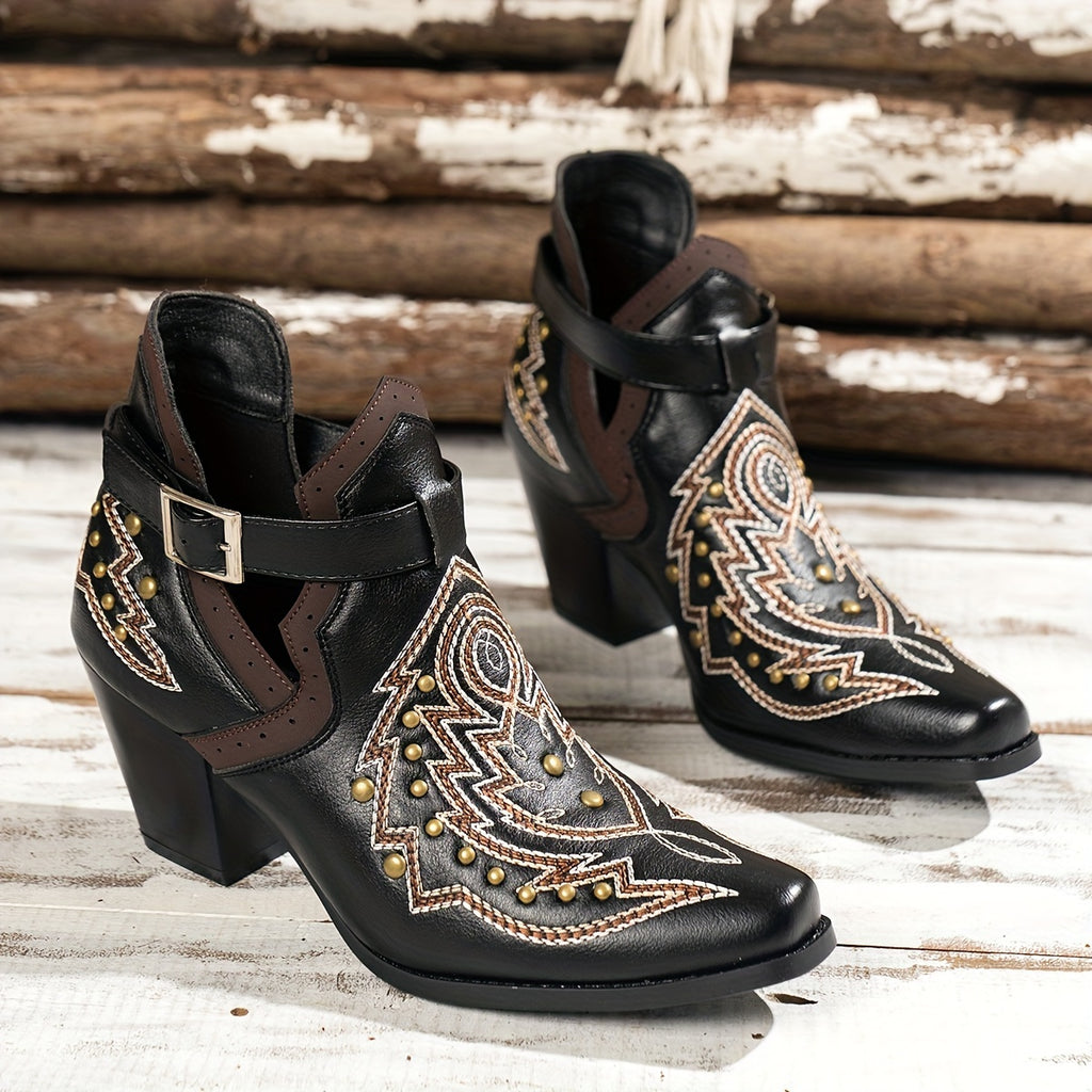 Botas de salto grosso com decoração de contas douradas para mulheres, design de fivela de moda, botas de tornozelo confortáveis para mulheres