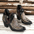 Botas de salto grosso com decoração de contas douradas para mulheres, design de fivela de moda, botas de tornozelo confortáveis para mulheres