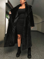 Casaco de pelo falso de cor sólida de tamanho grande, elegante casaco comprido com gola de lapela e mangas compridas para o outono e inverno, roupa de tamanho grande para mulher