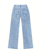 Calças jeans femininas 2025 novas, pernas largas e retas com lavagem ácida azul claro, controle de barriga, cintura alta, confortáveis, bolsos, elegantes para viagens, trabalho ou escritório