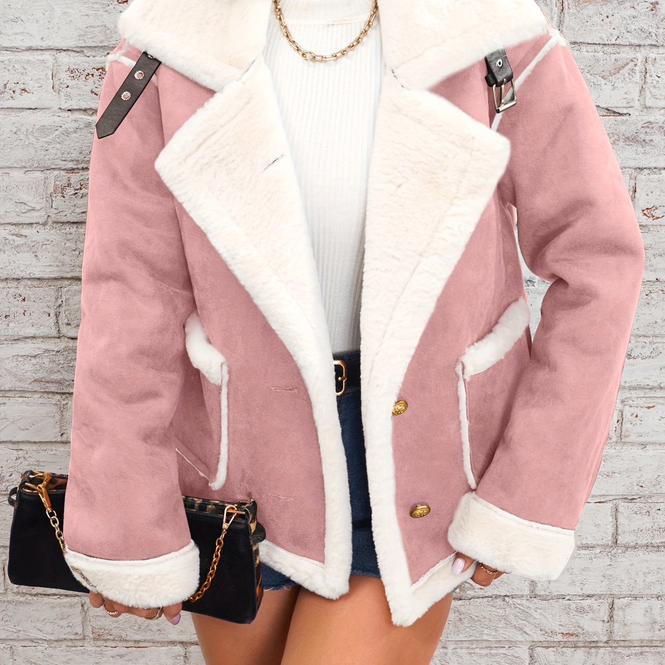 Chic Women's Winter Coat with Pink and White Collar