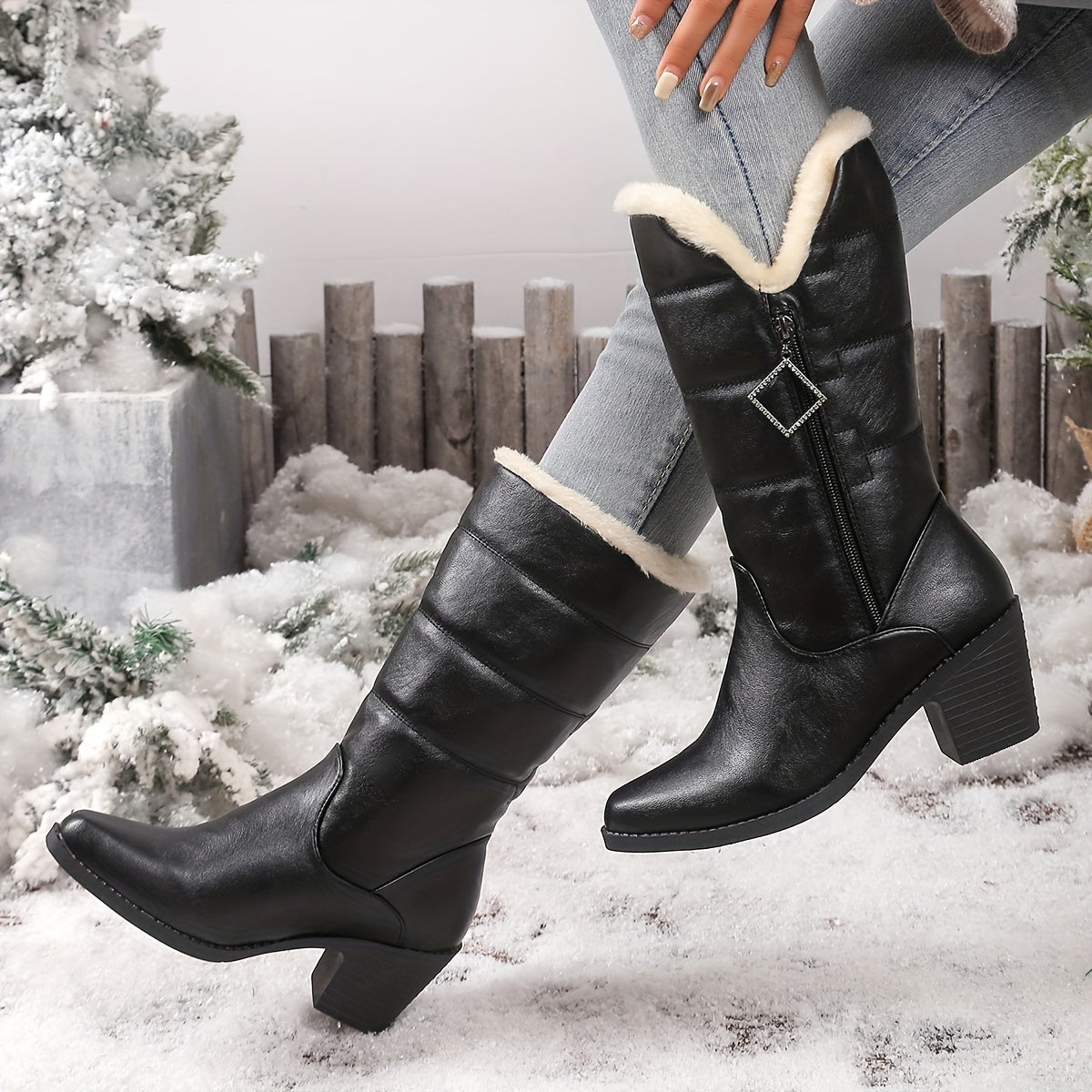 Botas Femininas de Inverno 2025 com Salto Grosso e Zíper Lateral em Cor Sólida